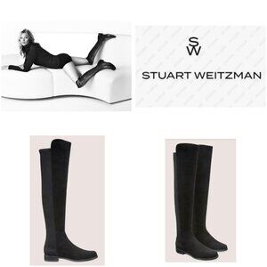 Stuart Weitzman 5050 Black Suede Over The Knee Flat Boots Stretch OTK Women 7.5